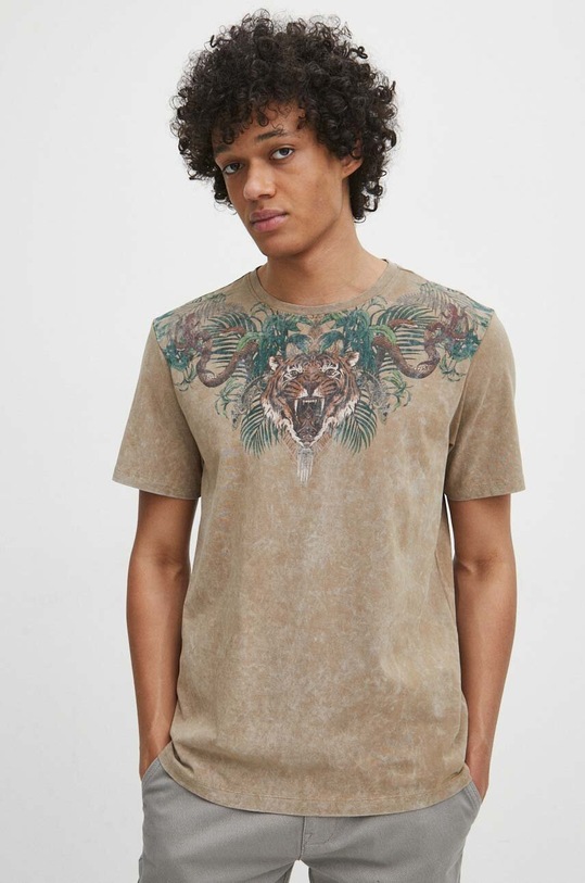 T-shirt bawełniany męski z nadrukiem kolor beżowy beżowy RS24.TSM706