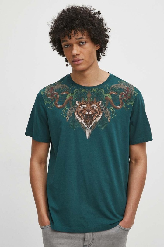 T-shirt bawełniany męski z nadrukiem kolor zielony okrągły turkusowy RS24.TSM706