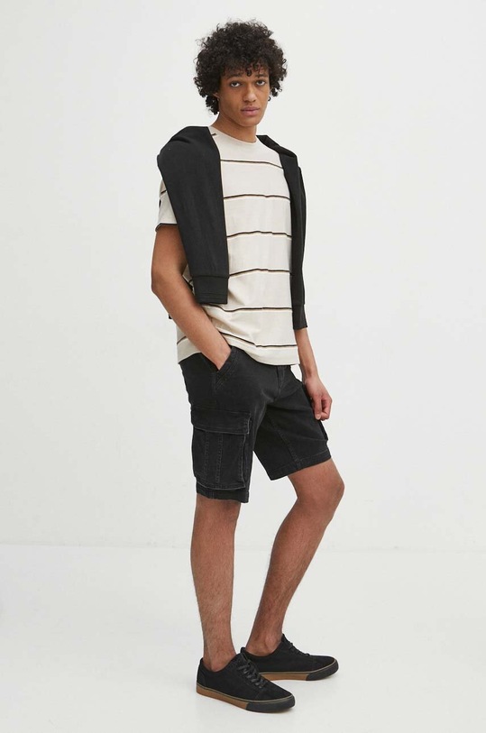 T-shirt bawełniany męski w pasy kolor beżowy RS24.TSM712 beżowy RS24