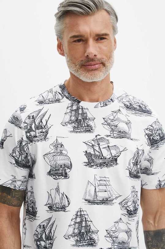 T-shirt bawełniany męski z domieszką elastanu wzorzysty kolor biały wzorzyste biały RS24.TSM806