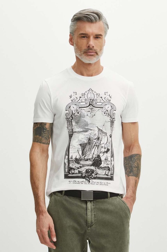 T-shirt bawełniany męski z domieszką elastanu z nadrukiem kolor biały okrągły biały RS24.TSM809