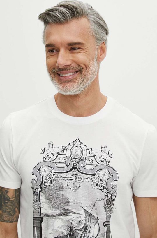 T-shirt bawełniany męski z domieszką elastanu z nadrukiem kolor biały biały RS24.TSM809