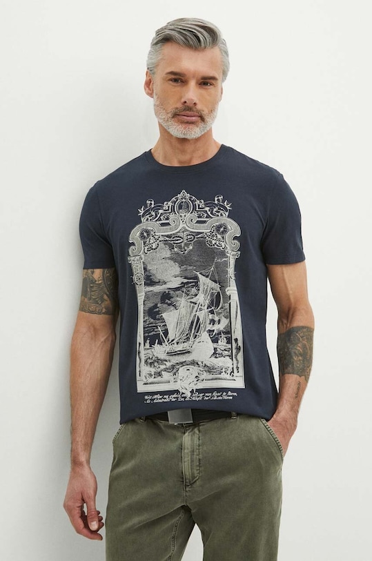 T-shirt bawełniany męski z domieszką elastanu z nadrukiem kolor granatowy okrągły granatowy RS24.TSM809