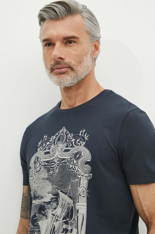 T-shirt bawełniany męski z domieszką elastanu z nadrukiem kolor granatowy granatowy RS24.TSM809