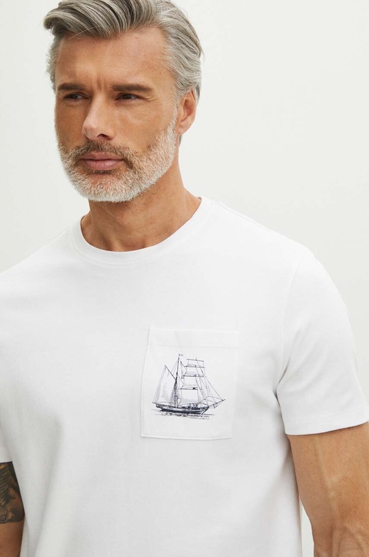 T-shirt bawełniany męski z nadrukiem kolor biały okrągły biały RS24.TSM811