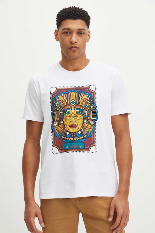 T-shirt bawełniany męski z domieszką elastanu z nadrukiem kolor biały okrągły biały RS24.TSM903