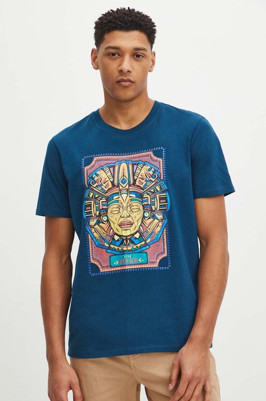 T-shirt bawełniany męski z domieszką elastanu z nadrukiem kolor zielony okrągły turkusowy RS24.TSM903