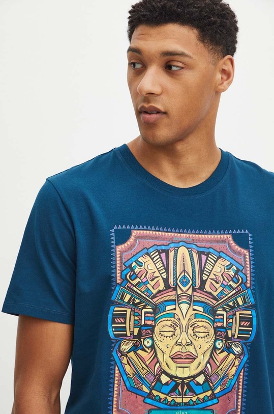 T-shirt bawełniany męski z domieszką elastanu z nadrukiem kolor zielony turkusowy RS24.TSM903