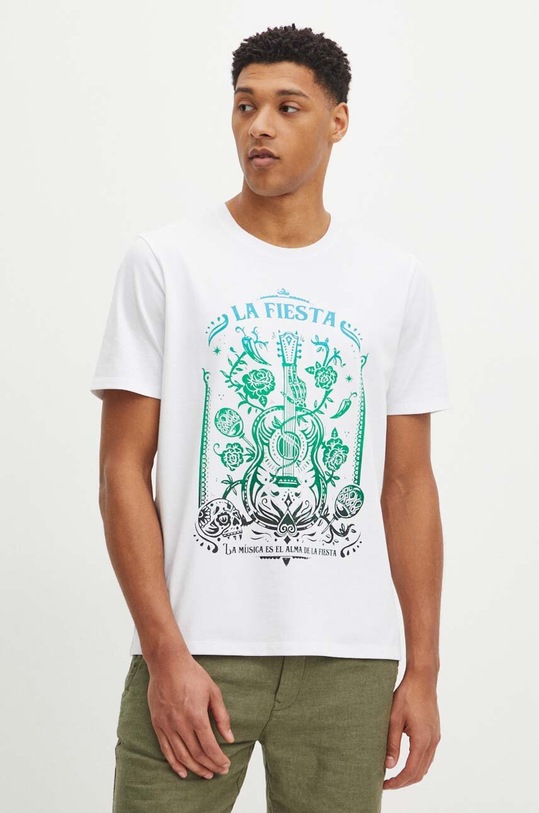 T-shirt bawełniany męski z domieszką elastanu z nadrukiem kolor biały okrągły biały RS24.TSM909