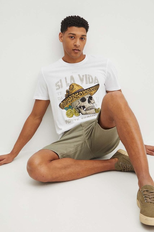 T-shirt bawełniany męski z nadrukiem kolor biały okrągły biały RS24.TSM916