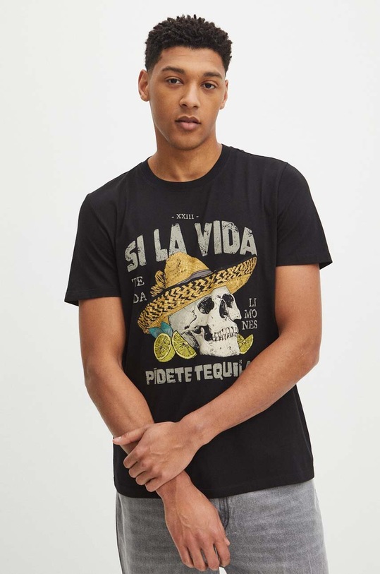 T-shirt bawełniany męski z nadrukiem kolor czarny okrągły czarny RS24.TSM916