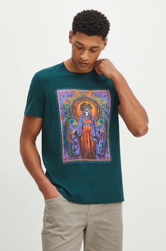 T-shirt bawełniany męski z nadrukiem kolor zielony okrągły zielony RS24.TSM917