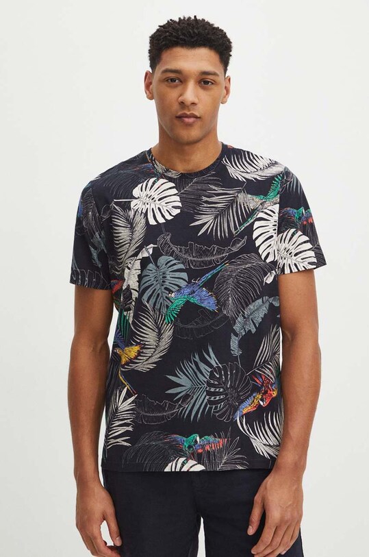 T-shirt bawełniany męski wzorzysty kolor czarny bawełna czarny RS24.TSM930