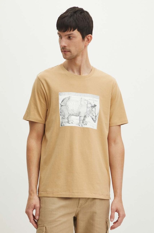 T-shirt bawełniany męski z domieszką elastanu z nadrukiem kolor beżowy okrągły beżowy RS24.TSMA12