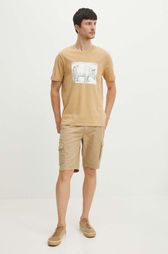 T-shirt bawełniany męski z domieszką elastanu z nadrukiem kolor beżowy RS24.TSMA12 beżowy RS24