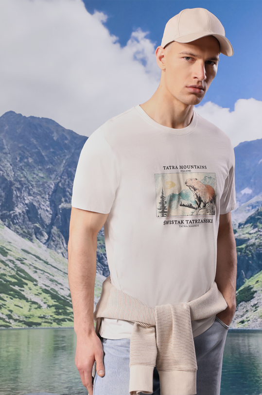 T-shirt bawełniany męski z kolekcji Tatrzański Park Narodowy x Medicine kolor beżowy okrągły beżowy RS24.TSMA57