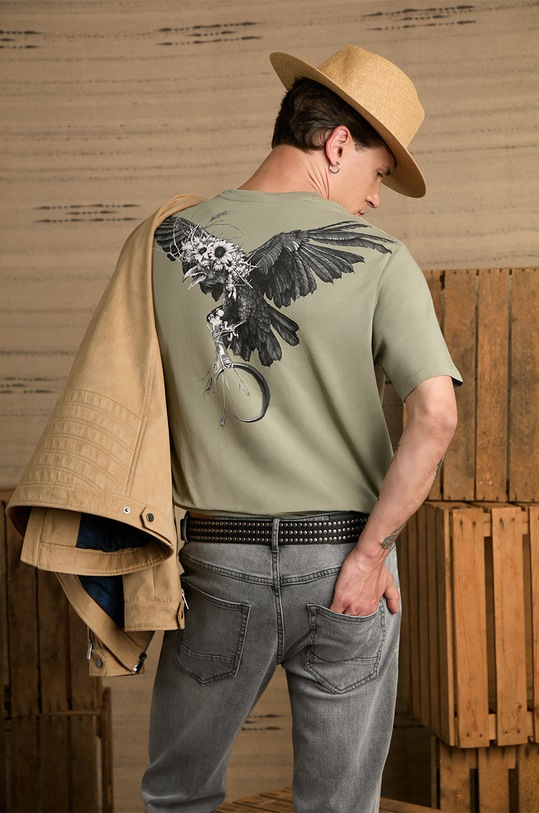 Bavlněné tričko pánské s příměsí elastanu Tattoo Art zelená barva relaxed zelená RS24.TSMC55