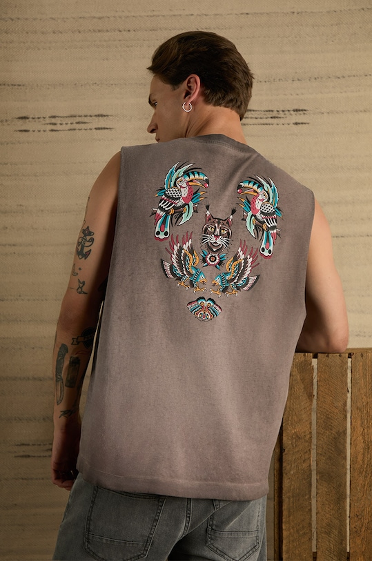 Bavlnené tričko pánske bez rukávov Tattoo Art fialová farba potlač fialová RS24.TTMC56