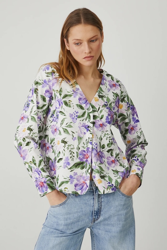 Odzież Bluzka z domieszką lnu damska w kwiaty kolor beżowy RS25.BDD070 beżowy