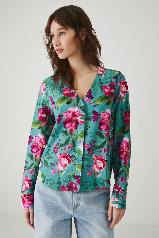 Medicine bluza din amestec de in flori turcoaz RS25.BDD070