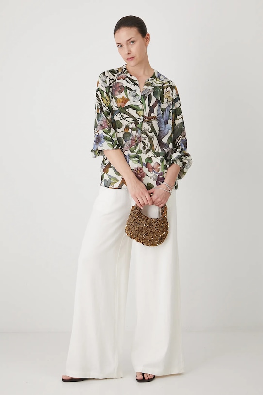 Bluzka damska z wiskozy wzorzysta kolor beżowy RS25.BDD907 beżowy RS25