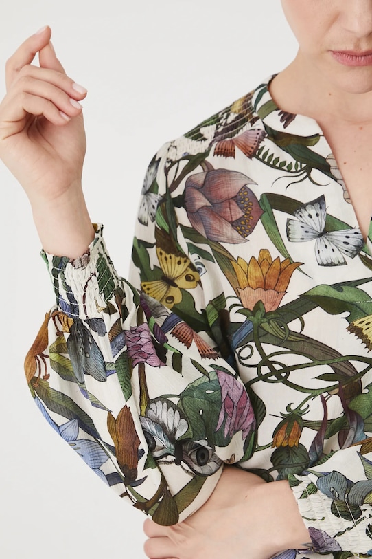 Bluzka damska z wiskozy wzorzysta kolor beżowy RS25.BDD907 beżowy