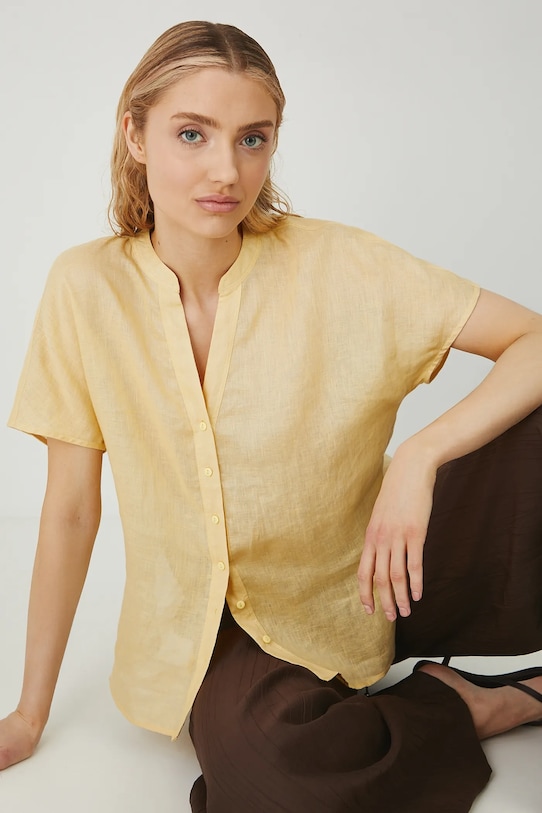 Lněná halenka dámská hladký povrch žlutá barva relaxed žlutá RS25.BKD904