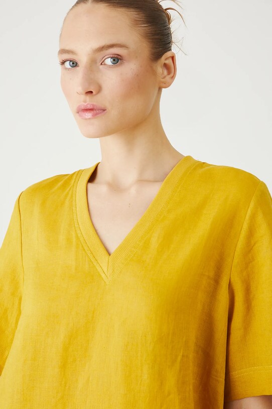 Bluzka lniana damska gładka kolor żółty żółty RS25.BKDB02