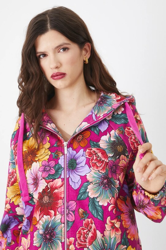 Bluza bawełniana damska z kapturem w kwiaty kolor różowy różowy RS25.BLD010