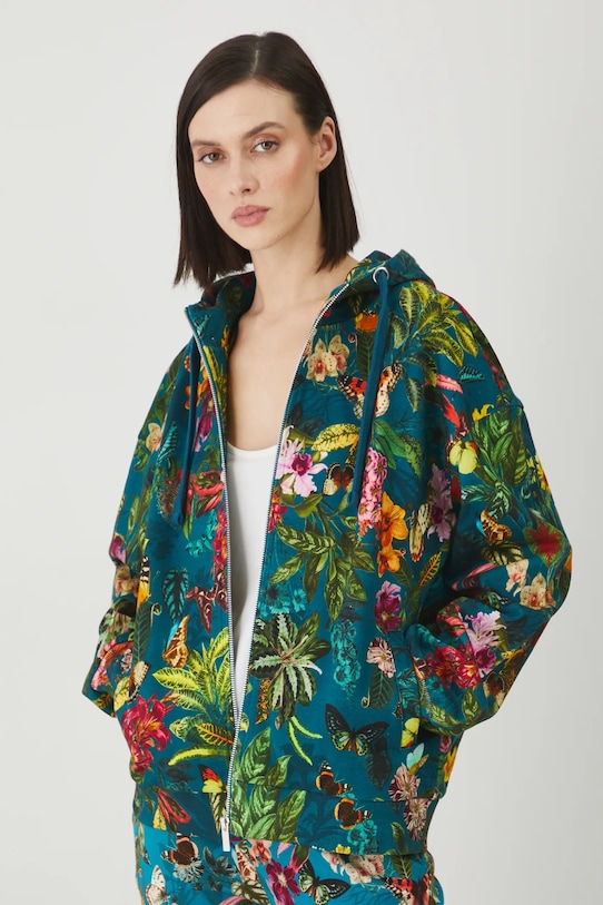 Bluza bawełniana damska z kapturem wzorzysta kolor zielony wzorzyste turkusowy RS25.BLD051