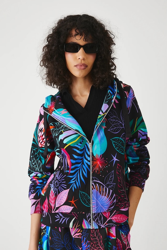 Bluza bawełniana damska z kapturem wzorzysta kolor czarny wzorzyste czarny RS25.BLD090