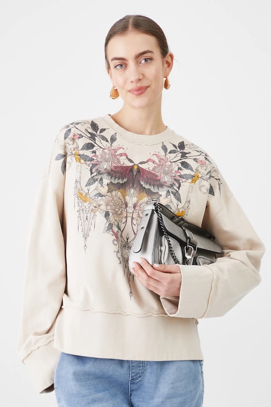 Bluza bawełniana damska z nadrukiem kolor beżowy bawełna beżowy RS25.BLD402