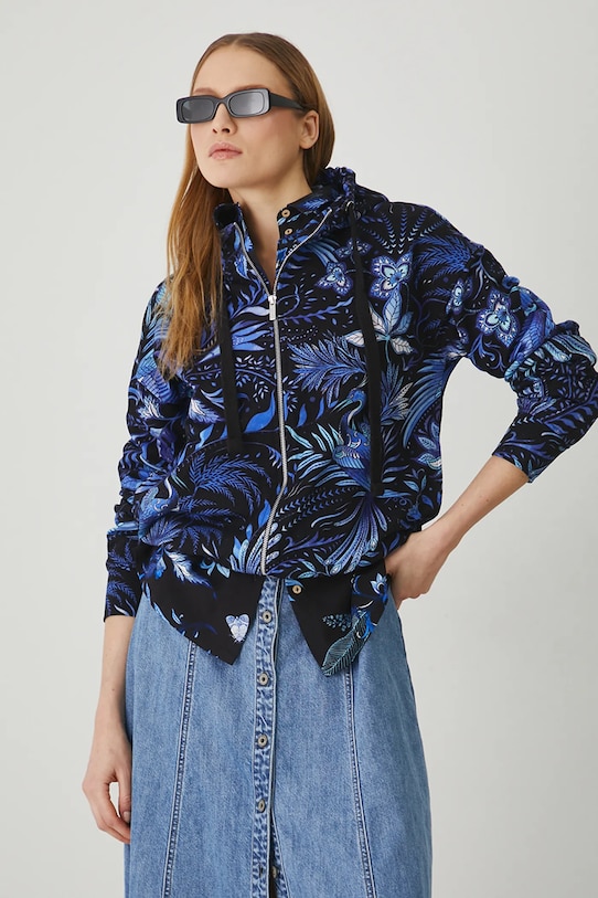 Bluza damska z kapturem wzorzysta kolor granatowy z elastanem granatowy RS25.BLD701