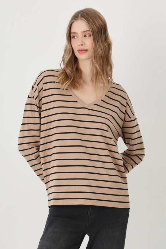 Longsleeve bawełniany damski z elastanem w pasy kolor beżowy RS25.BUD050 beżowy RS25