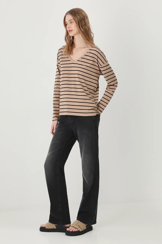 Longsleeve bawełniany damski z elastanem w pasy kolor beżowy z elastanem beżowy RS25.BUD050