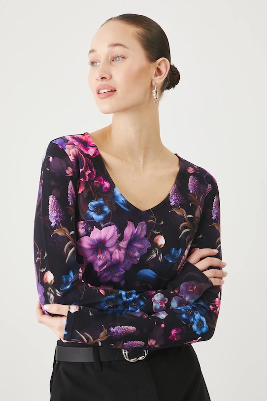 Longsleeve bawełniany damski z elastanem w kwiaty kolor czarny z elastanem czarny RS25.BUD302