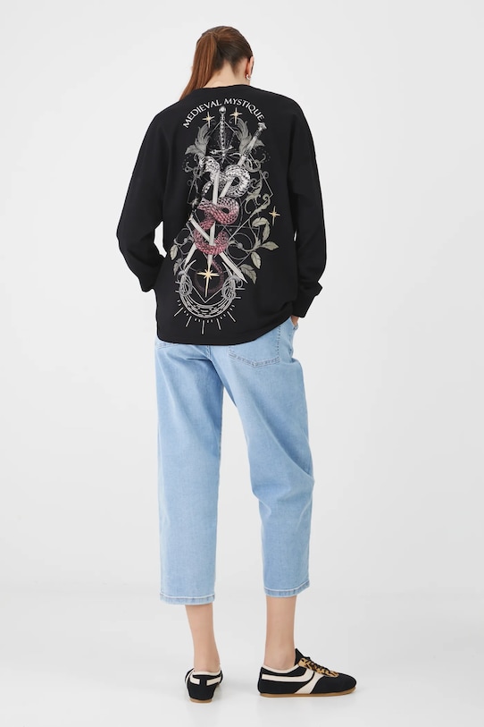 Longsleeve bawełniany damski z nadrukiem kolor czarny okrągły czarny RS25.BUD401