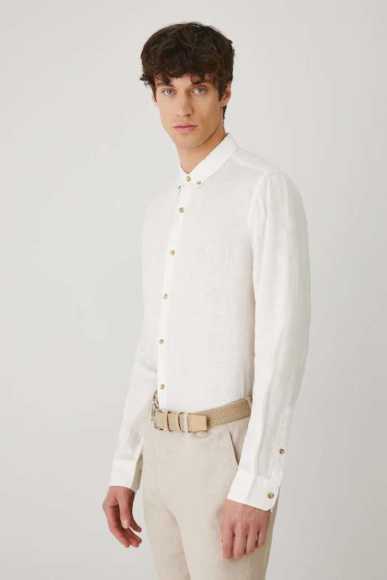 Koszula lniana męska z kołnierzykiem button-down kolor biały długi biały RS25.KDM071