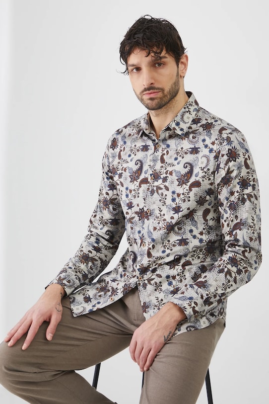 Koszula męska z kołnierzykiem klasycznym wzorzysta kolor beżowy casual beżowy RS25.KDM303