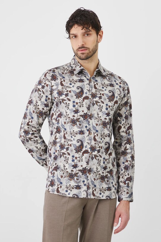 Koszula męska z kołnierzykiem klasycznym wzorzysta kolor beżowy beżowy RS25.KDM303