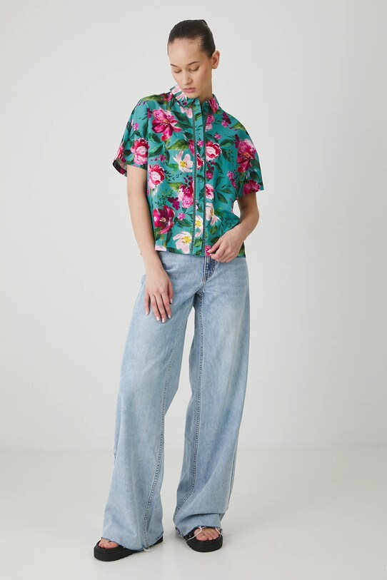 Koszula z domieszką lnu w kwiaty kolor turkusowy RS25.KKD070 turkusowy RS25