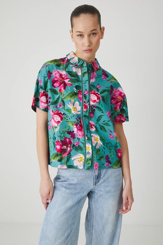 Koszula z domieszką lnu w kwiaty kolor turkusowy turkusowy RS25.KKD070