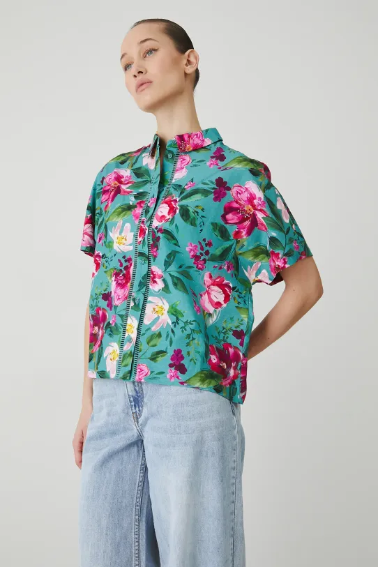 Koszula z domieszką lnu w kwiaty kolor turkusowy RS25.KKD070 turkusowy