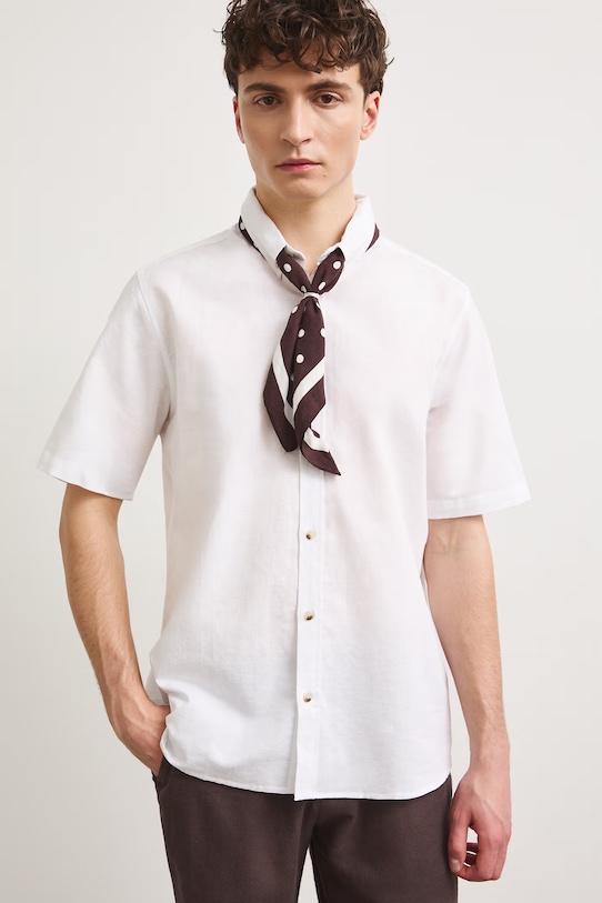 Koszula lniana męska z kołnierzykiem button-down kolor biały regular biały RS25-KKM070