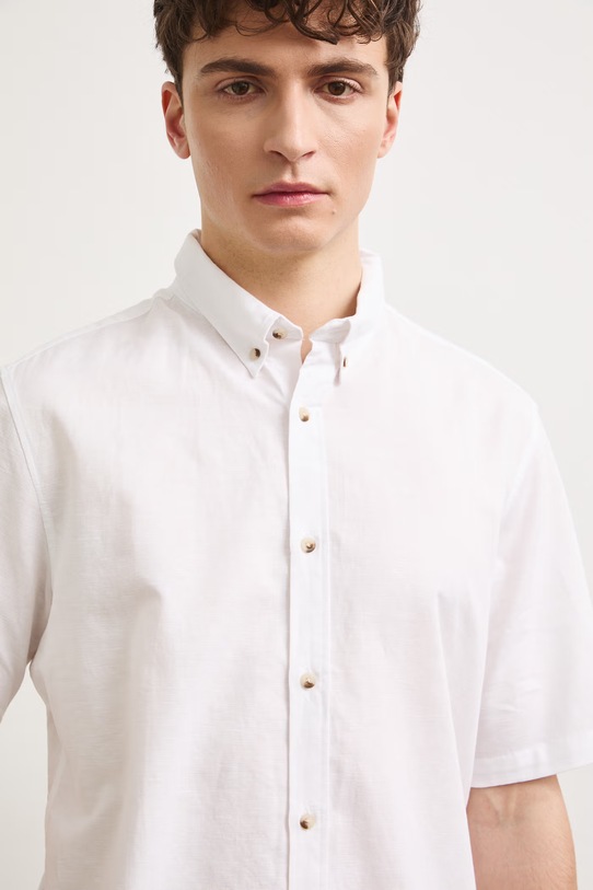 Koszula lniana męska z kołnierzykiem button-down kolor biały biały RS25-KKM070