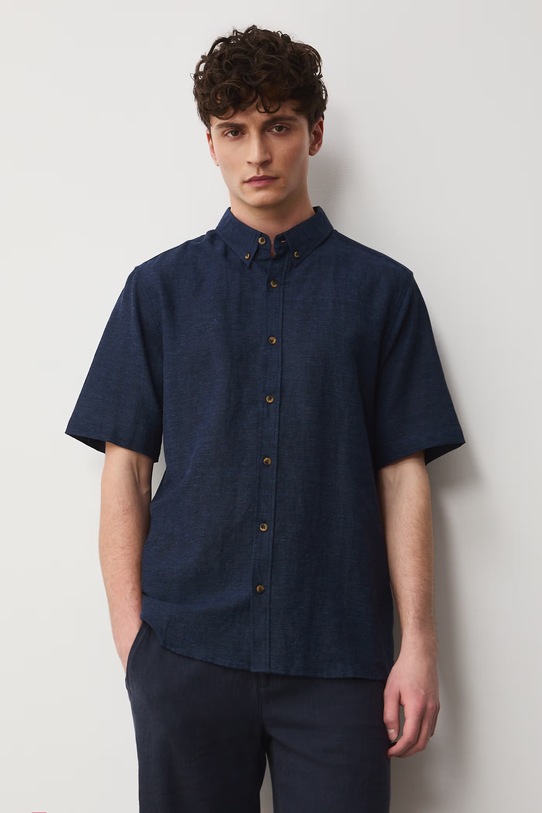 Odzież Koszula lniana męska z kołnierzykiem button-down kolor granatowy RS25.KKM070 granatowy