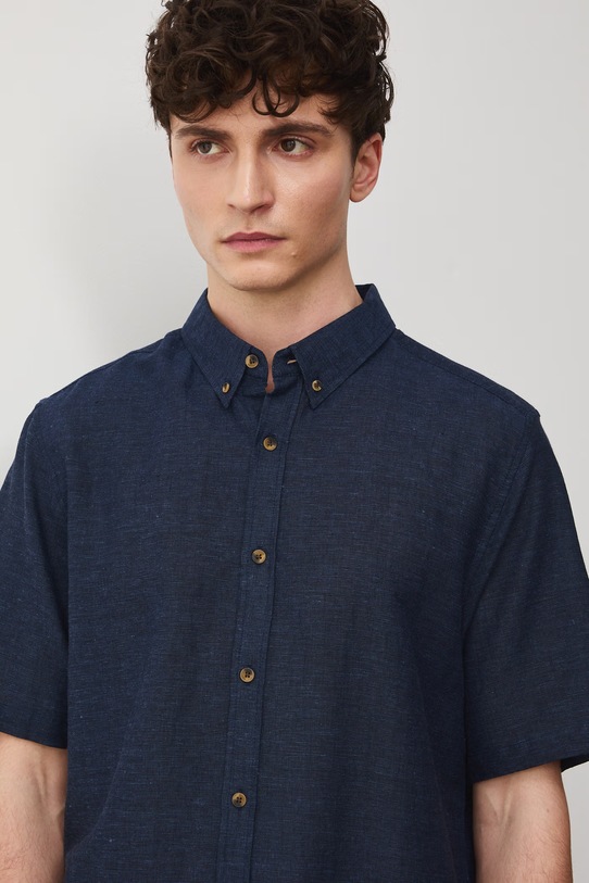 Koszula lniana męska z kołnierzykiem button-down kolor granatowy RS25.KKM070 granatowy