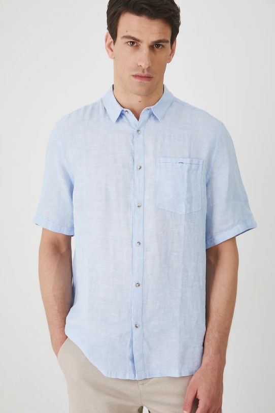 Koszula lniana męska z kołnierzykiem klasycznym kolor niebieski niebieski RS25.KKM071