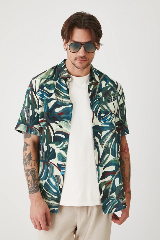 Koszula z domieszką lnu męska z kołnierzykiem klasycznym wzorzysta kolor multicolor casual multicolor RS25.KKMA10