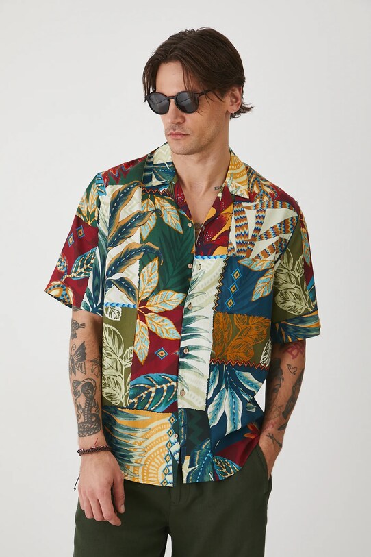 Koszula z domieszką lnu męska wzorzysta kolor multicolor multicolor RS25.KKMA15